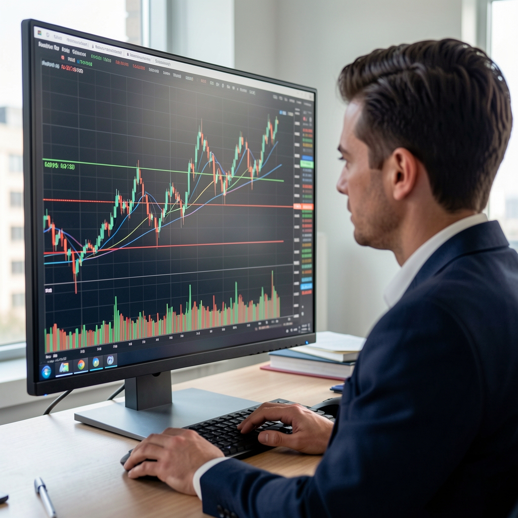 Аналитик изучает детальный график S&P 500 на большом мониторе — видны уровни поддержки, сопротивления и объёмы торгов на американском фондовом рынке