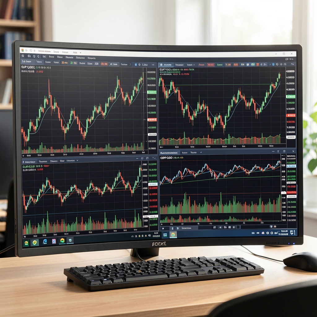 Экраны с валютными парами Forex на дилинговом терминале — EUR/USD, GBP/USD, USD/JPY с индикаторами технического анализа